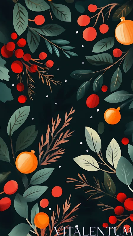 Bold citrus and berry foliage pattern on dark background.