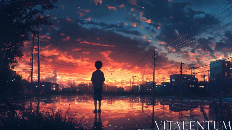 Twilight puddle dreamscape with a lone kid and electric skies.