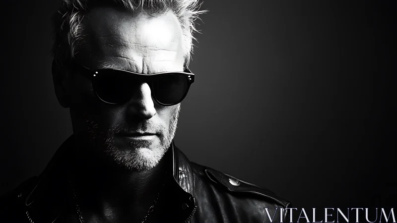 Monochrome portrait of man in sunglasses and leather jacket.