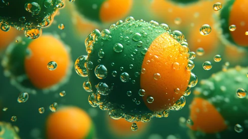 Spherical green and orange forms with surface bubbles in liquid.