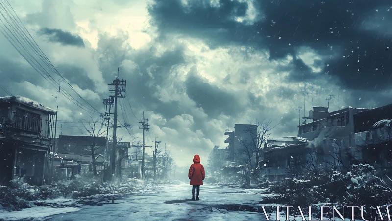 Lone crimson wanderer crossing a frozen ruined cityscape.