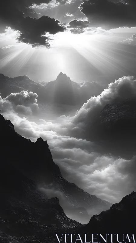 Sunbeams carve silver rivers through a monochrome cloud sea