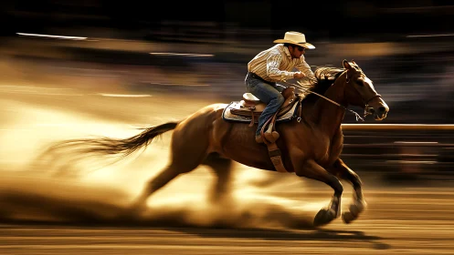 Cowboy racing through golden dust on a powerful horse.