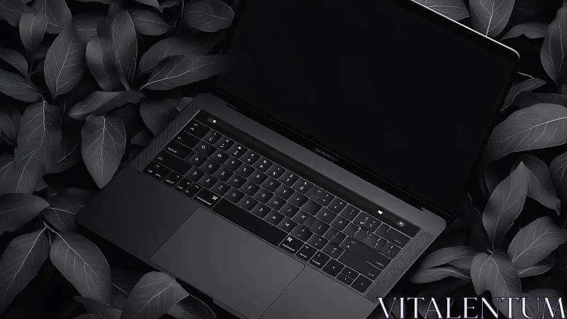 Black laptop on monochrome leaves in overhead composition.