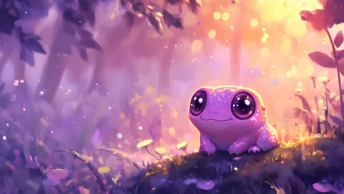 Gentle pink frog glows softly in a dreamy forest sunset