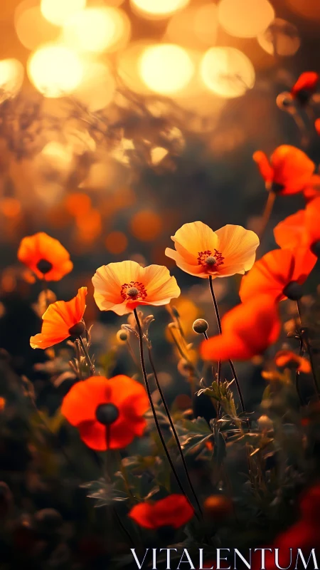 Backlit poppies demonstrating selective focus with chromatic warm tones and bokeh depth rendering