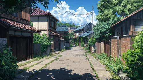 Sunlit village lane humming with lazy summer quietude.