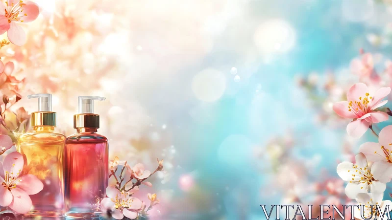 Luxury Beauty Products Amid Blossoming Flowers.