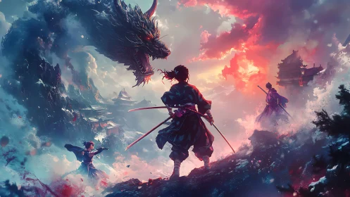 Samurai stand against stormbound dragon over misty temples.