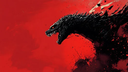 Jagged black kaiju profile erupts against saturated red void
