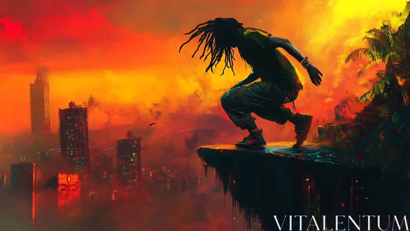 Skyline edge runner leaping through molten sunset haze.