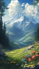 Mountain valley landscape with wildflowers and distant peaks.