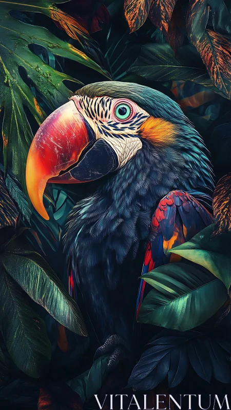 Multicolored parrot among dense tropical foliage at night.
