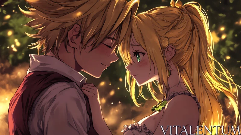 Golden hour anime couple shares a tender, glowing embrace
