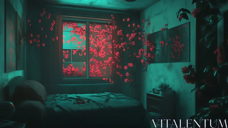 Midnight bedroom blooms under neon cyan and scarlet hush.