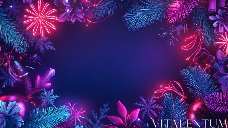 Neon winter garland circling a midnight celebration void.