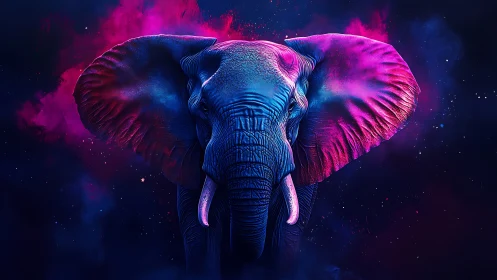 Cosmic elephant glows in vibrant neon pink and blue light