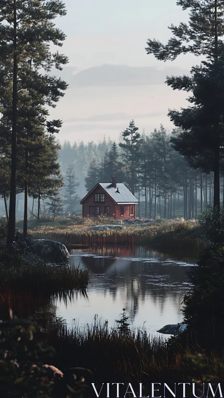 Red forest cabin reflected in calm lake at quiet sunrise.