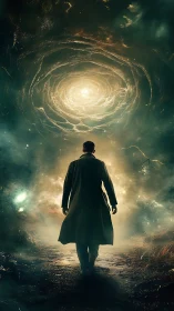 Lone wanderer strides toward the stormlit cosmic doorway