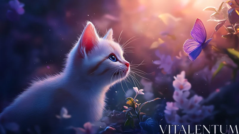 White Kitten Observing Purple Butterfly in Floral Garden.