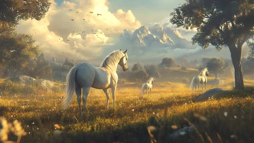 Sunlit white horses wandering through a dreamy golden meadow.