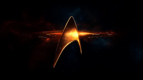 Golden star insignia merged with luminous starship hull.