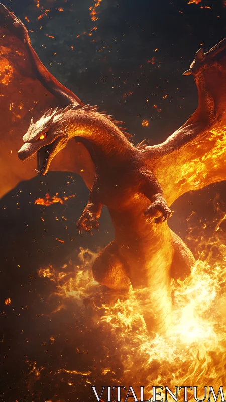 Inferno dragon emerging through swirling molten flames.
