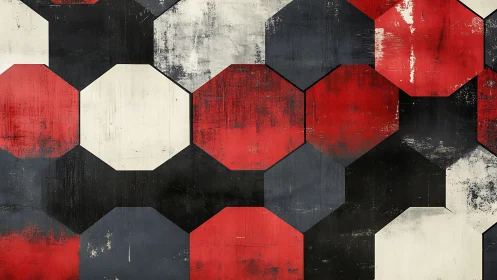 Weathered octagonal grid in red, black and white geometric alignment