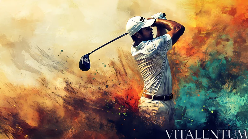 Golfer completes a powerful swing in explosive color bursts