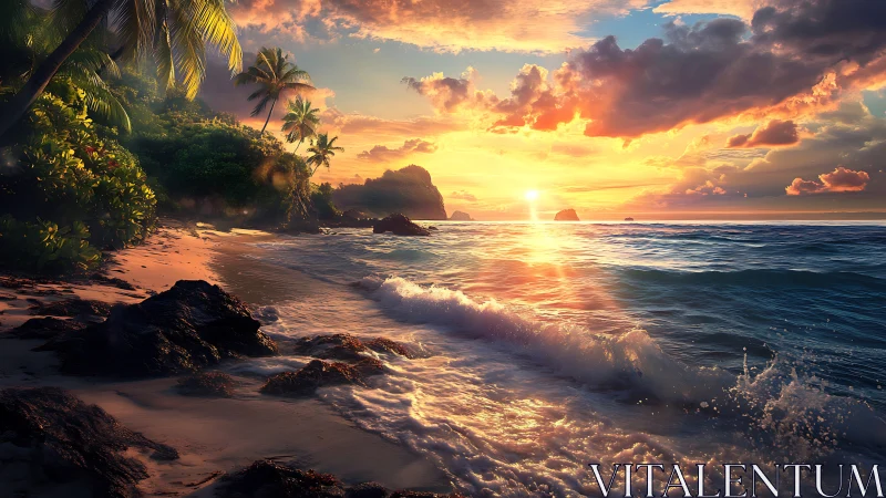 Sunset surf whispers along a lush, secret tropical shore.