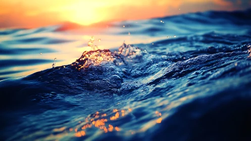 Sunlit ocean wave detail with glowing sunset reflections.