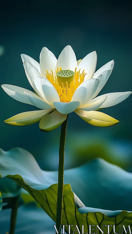 White lotus flower against soft blue green background.