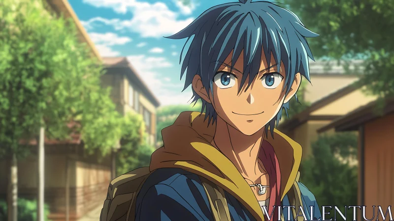 Sunlit anime teen smiles warmly on a peaceful town street
