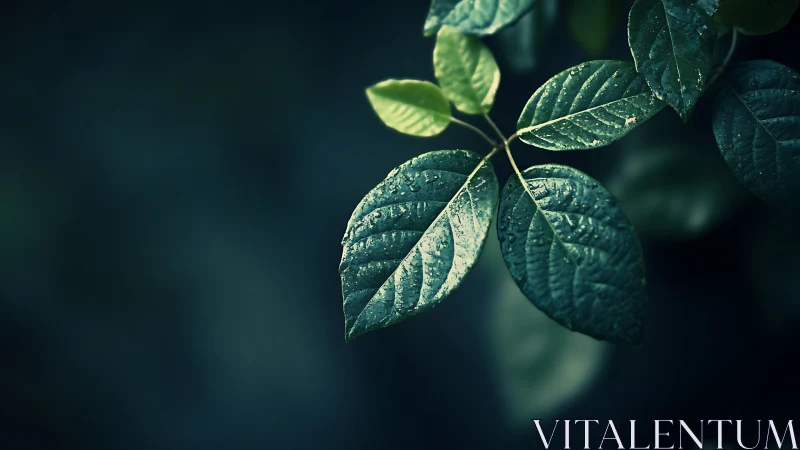 Quiet rain-kissed leaves glow softly against deep shadow