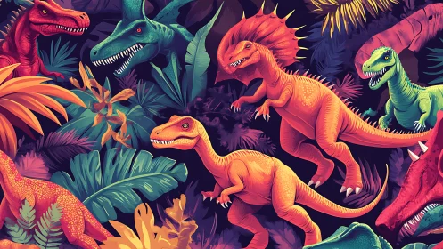 Neon jungle raptors prowl a lush, electric dino dreamscape.