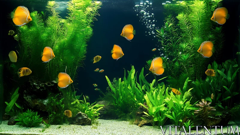 Golden discus ballet drifting through emerald aquarium jungles.