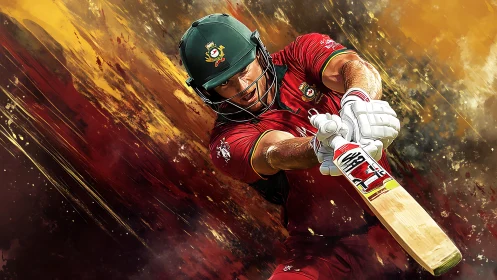 Cricketer drives the ball through a blazing abstract arena