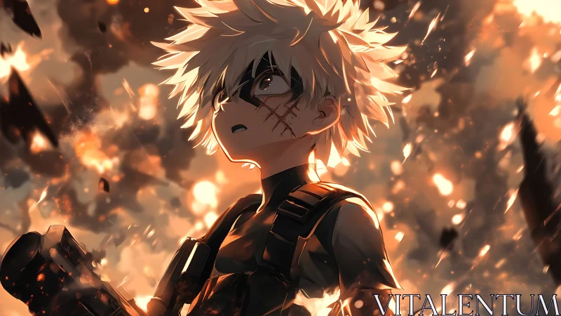 Blond anime soldier amid orange explosions and debris.