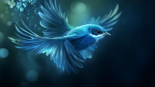 Vibrant blue bird in flight, digital art with glowing highlights.