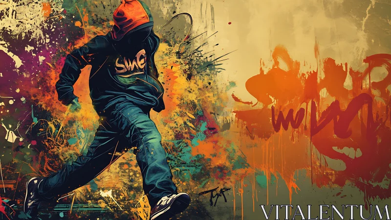 Hooded street runner bursting through molten graffiti storm.