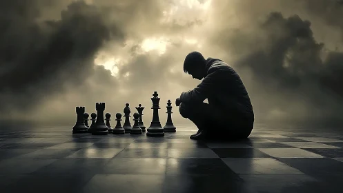 Solitary chess player studies looming pieces under storm sky