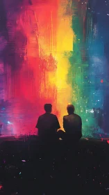 Silhouetted Figures Before Luminous Gradient Wall.