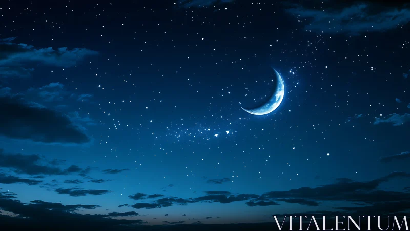 Digital nightscape with crescent moon and luminous starfield.