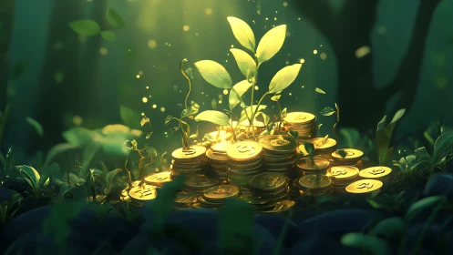 Golden forest coins nurturing bright growing leaves of hope.