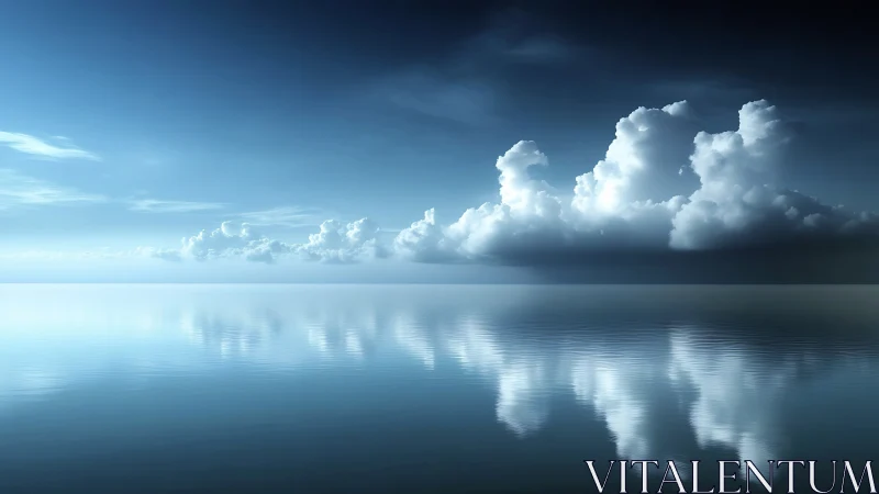 Expansive cloud bank hovers over mirror-smooth tranquil sea.