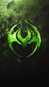 Neon green tribal biohazard emblem on dark textured wall.