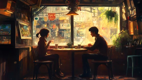 Two friends share quiet conversation inside warm city cafe