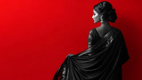 Elegant woman in black saree with silver accents, modern art style.