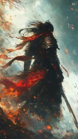 Lone samurai silhouette amid firelit autumn stormscape.