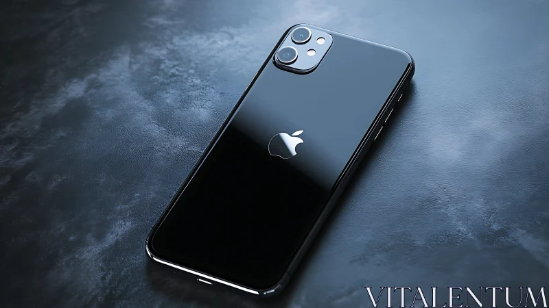 Glossy black smartphone rests on dark textured surface.